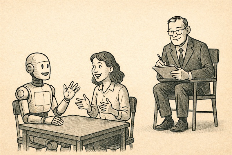 Researcher observing a bot and woman in conversation. Researcher observing a bot and woman in conversation.